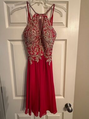 Red Embellished Halter Evening Dress